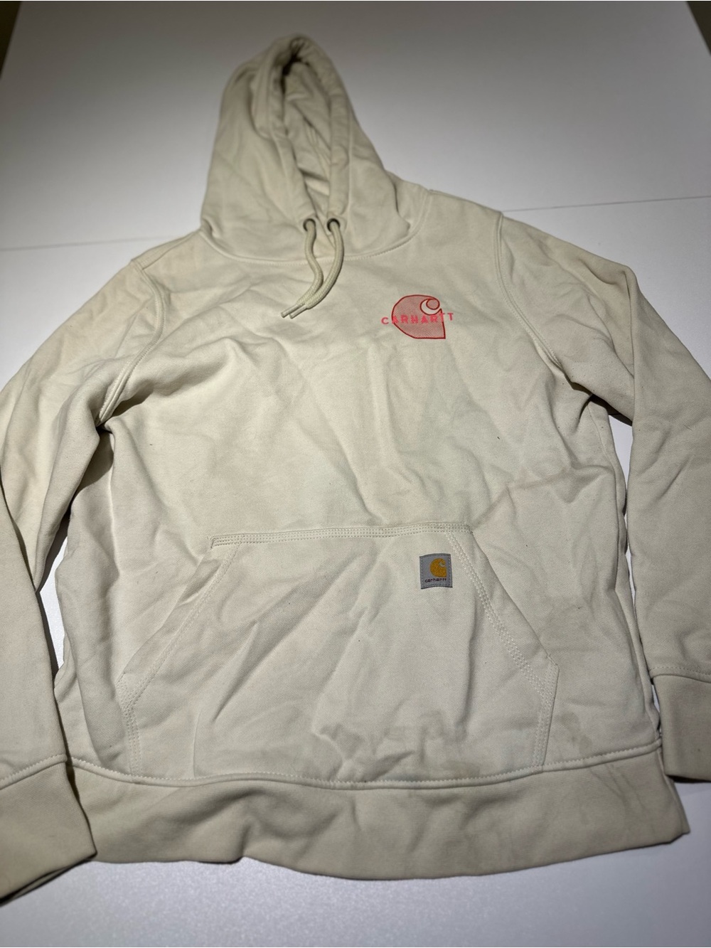 Carhartt Men’s Cream Pullover Hoodie with Pink Logo